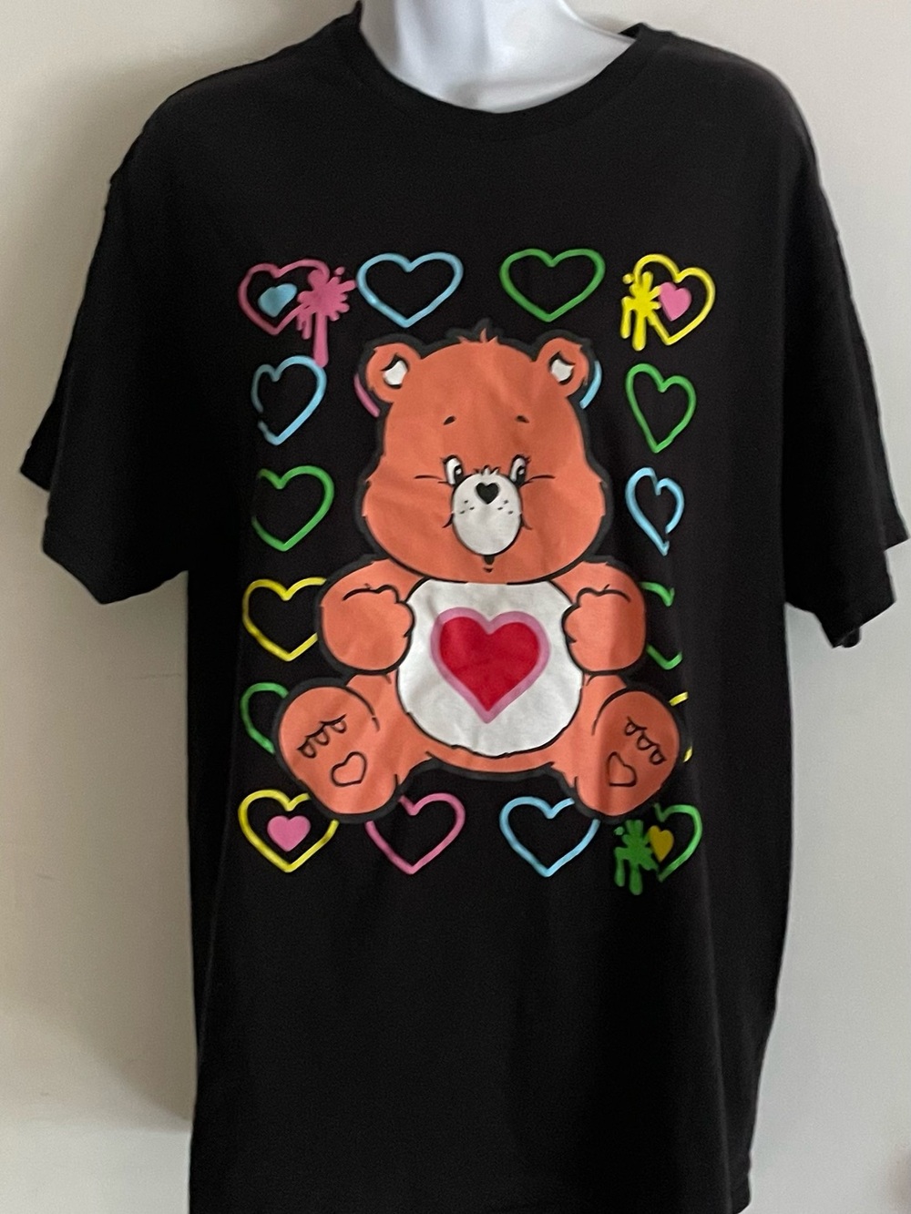 Care Bears Black Tee with Tender ❤️ Bear and Multicolor Hearts